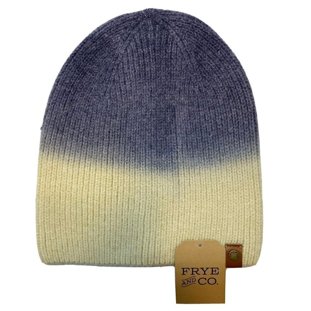 Frye & Co NEW Deep‎ Indigo Dip Dye Beanie Denim Blue Butter Creamy Tan Hat-OSFM